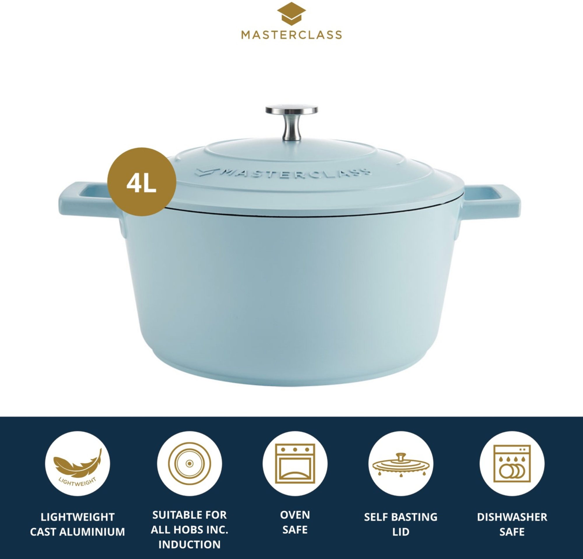 MasterClass | 4L Aluminium Casserole Dish, Sky Blue | Aldiss of Norfol