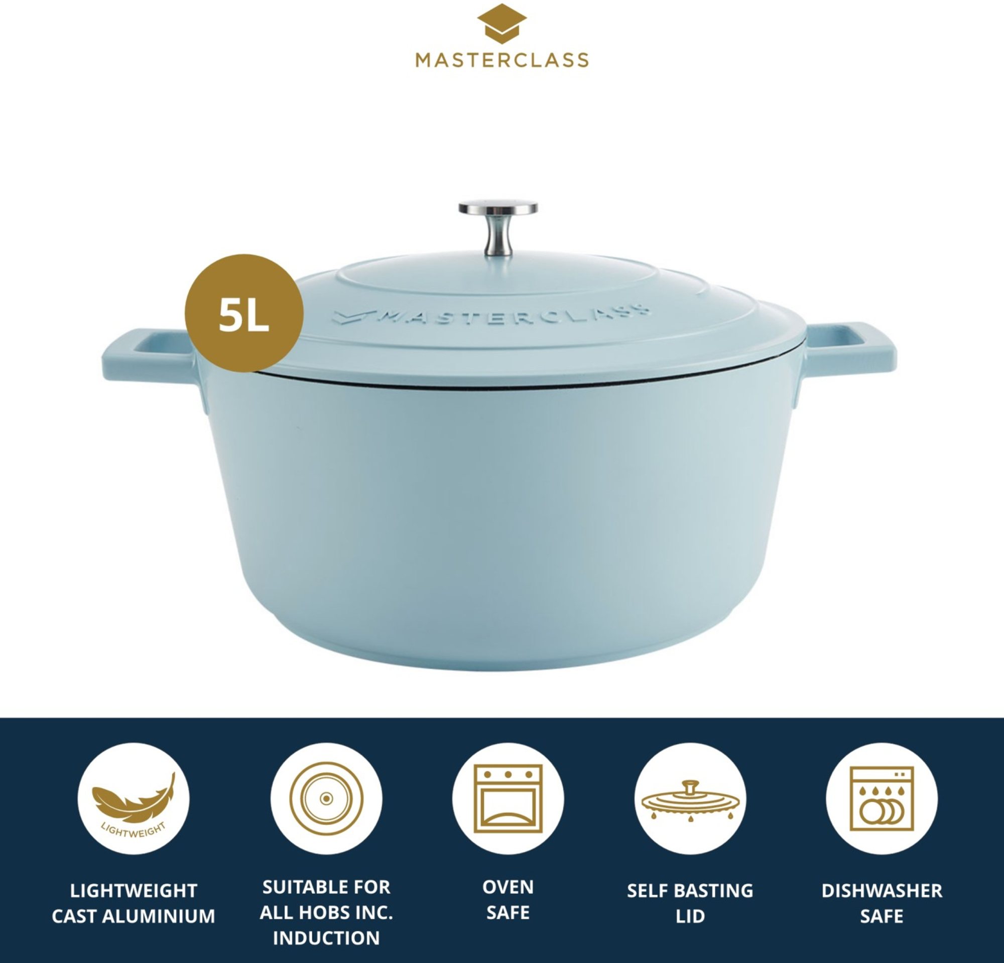 MasterClass | 5L Cast Aluminium Casserole Dish, Sky Blue | Aldiss of N