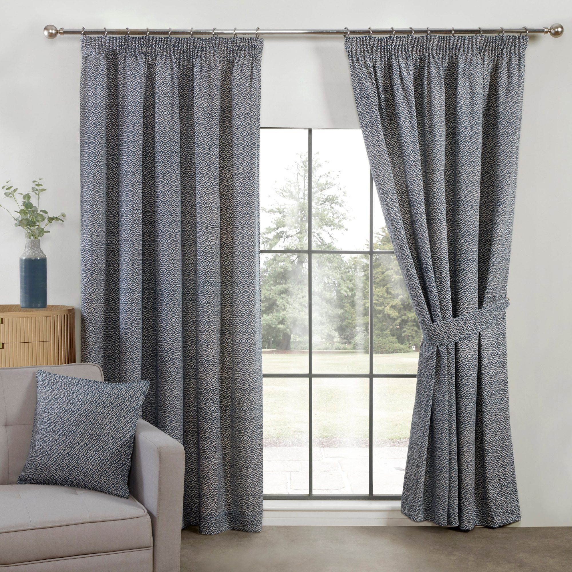 Sundour | Aztec Navy Ready Made Curtains | Aldiss of Norfolk