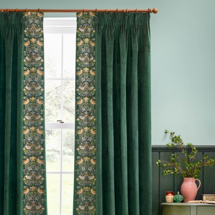 Morris & Co Strawberry Thief Forest Green Embroidered Pencil Pleat Curtains