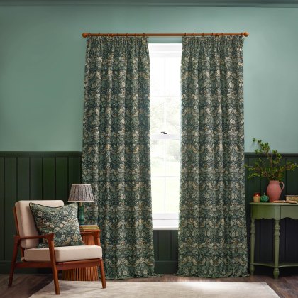 Morris & Co Strawberry Thief Forest Green Jacquard Pencil Pleat Curtains Morris & Co Strawberry Thief Forest Green Jacquard Pencil Pleat Curtains