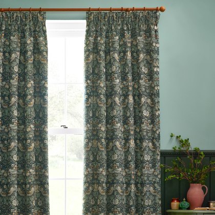 Morris & Co Strawberry Thief Forest Green Jacquard Pencil Pleat Curtains