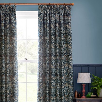 Morris & Co Strawberry Thief Indigo Jacquard Pencil Pleat Curtains