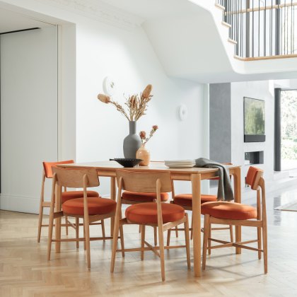 G Plan Winchester Rectangular Extending Dining Table and 6 Orange Flora Chairs G Plan Winchester Rectangular Extending Dining Table and 6 Orange Flora Chairs