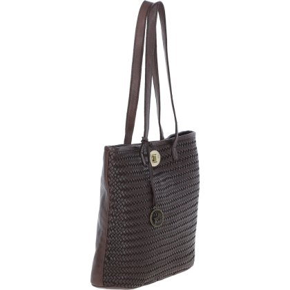 Brown Woven Leather Turn Lock Tote Bag