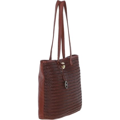 Tan Woven Leather Turn Lock Tote Bag