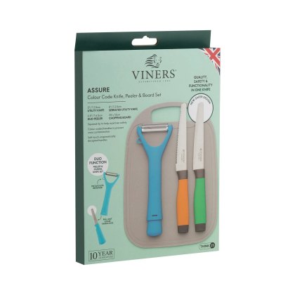 Viners Assure Colour Coded Knife, Peeler and Board Set