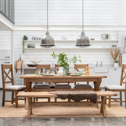 Manor Oak 2m Extending Crossed Leg Dining Table with 5 Cross Back Chairs & Bench Manor Oak 2m Extending Crossed Leg Dining Table with 5 Cross Back Chairs & Bench