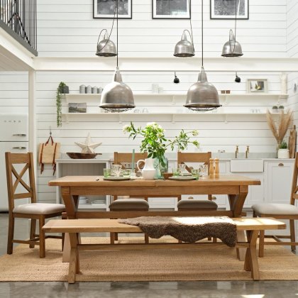 Manor Oak 2m Extending Crossed Leg Dining Table with 4 Cross Back Chairs & Bench Manor Oak 2m Extending Crossed Leg Dining Table with 4 Cross Back Chairs & Bench