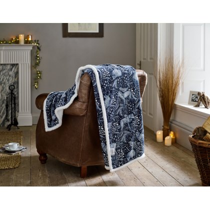 Deyongs Sherpa Fleece Throw Woodland Folk Navy Deyongs Sherpa Fleece Throw Woodland Folk Navy