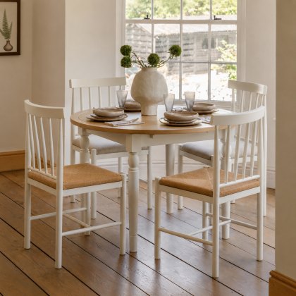 Gallery Direct Eton Round Extending Dining Table, 2 Woven Chairs & 2 Upholstered Chairs in White Gallery Direct Eton Round Extending Dining Table, 2 Woven Chairs & 2 Upholstered Chairs in White