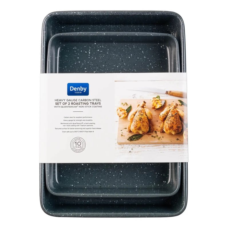 Denby Quantanium Set of 2 Roasting Trays image of the trays in packaging on a white background