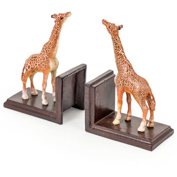 Cast Iron Antiqued Pair Of Giraffe Bookends image of the bookends on a white background