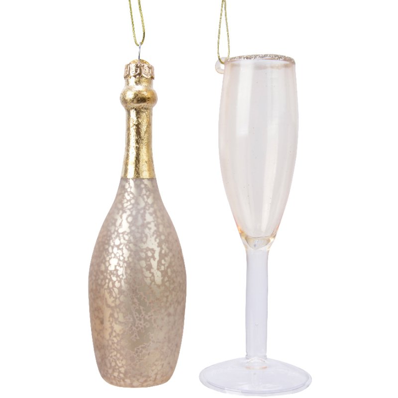 Kaemingk AW23 Set of Champagne Bottle and Glass Baubles