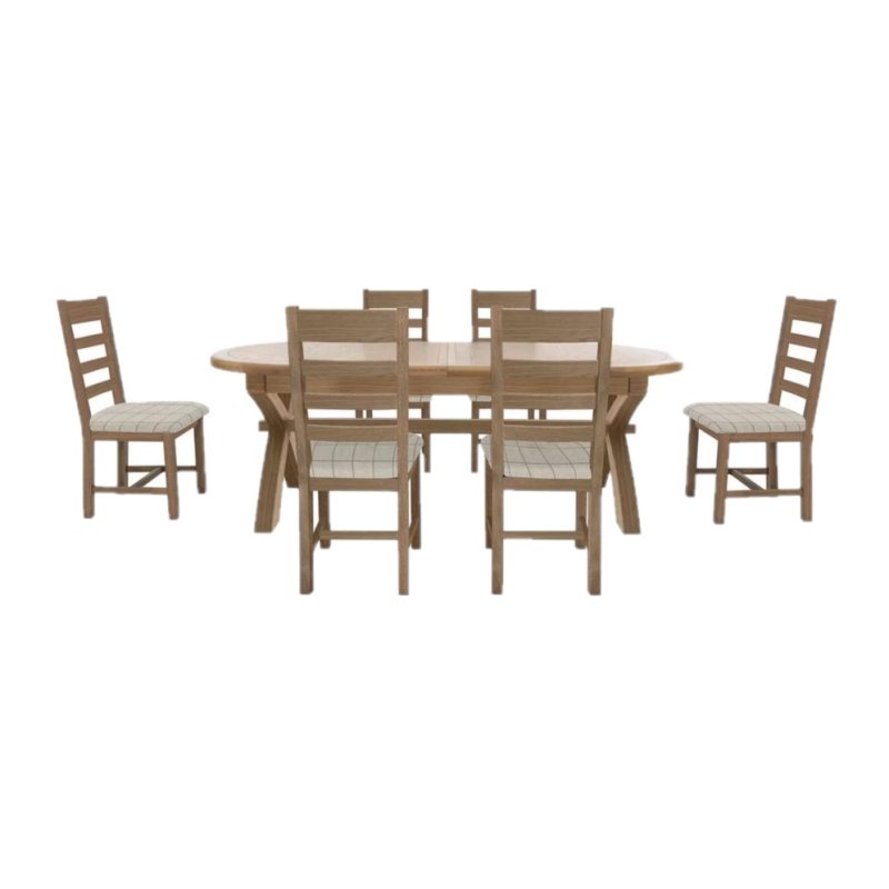 Heritage Editions Oak 2.25m Oval Extending Dining Table With 6 Ladder Back Chairs image of the dining set on a white backgrou