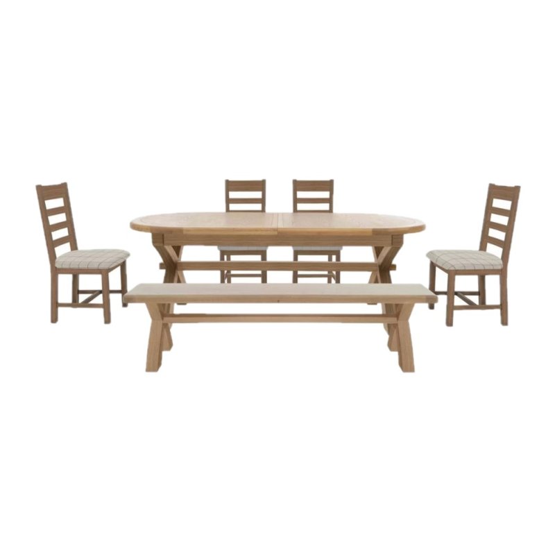 Heritage Editions Oak 2.25m Oval Dining Table With 4 Ladder Back Chair And Bench & Cushion image of the dining set on a white