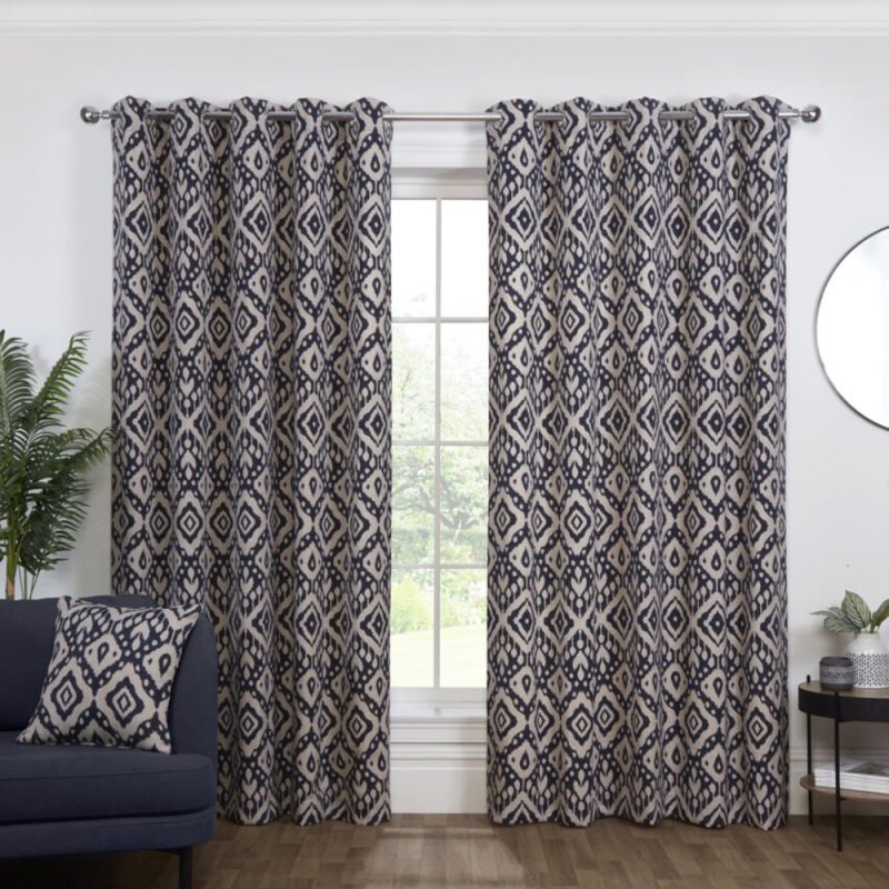 Sundour Marrakech geometric print Eyelet Curtains blue on white