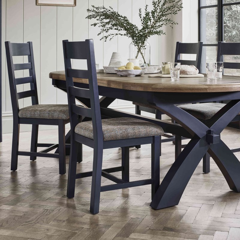 Heritage Editions Blue 2.25m Extending Oval Dining Table And 6 Ladder Back Chairs lifestyle image of the dining set