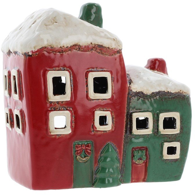 Village Pottery Red And Green Christmas Two House Tealight Holder