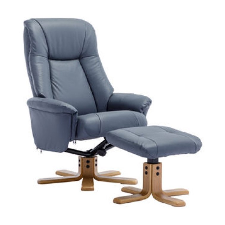 Hawaii Petrol Blue Leather Swivel Chair And Stool Set angled image of the set on a white background