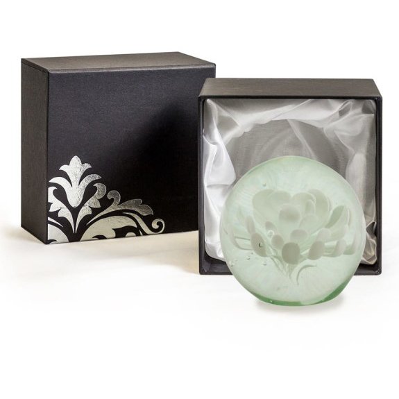 McGowan Rutherford Medium White Flower Glass Ball Paperweight with gift box