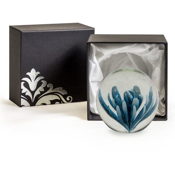 McGowan Rutherford Medium Blue And White Flower Glass Ball Paperweight with gift box