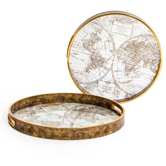 McGowan Rutherford Set Of 2 Dark Gold World Map Serving Trays