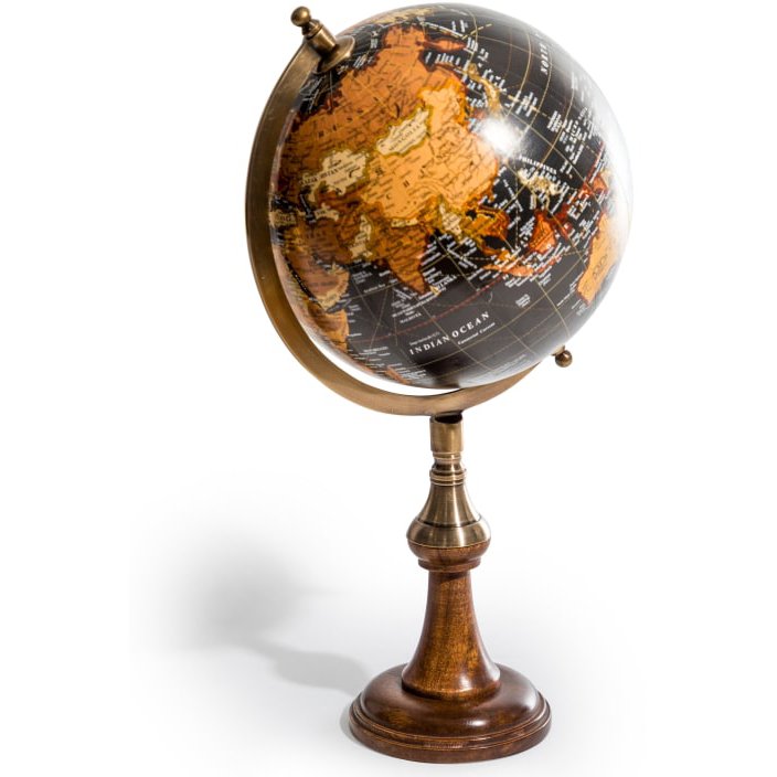 McGowan Rutherford Antique Black Globe On Brass And Wood Stand