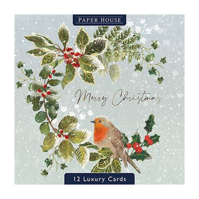 Charity Robin On Wreath, Midnight Robin, Robins On Holly Branches Cards