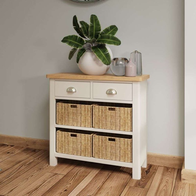 Hastings 2 Drawer 4 Basket Cabinet In Stone lifestyle image of the cabinet