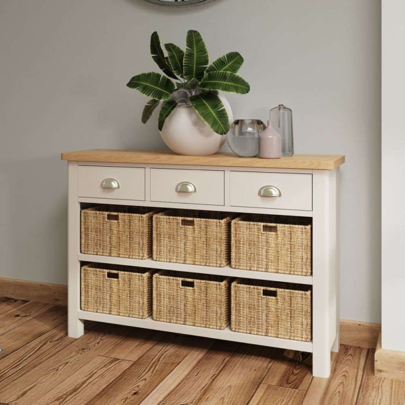 Hastings 3 Drawer 6 Basket Cabinet In Stone lifestyle image of the cabinet