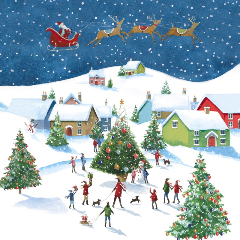 Santa Flying over Village Pack of Christmas Cards