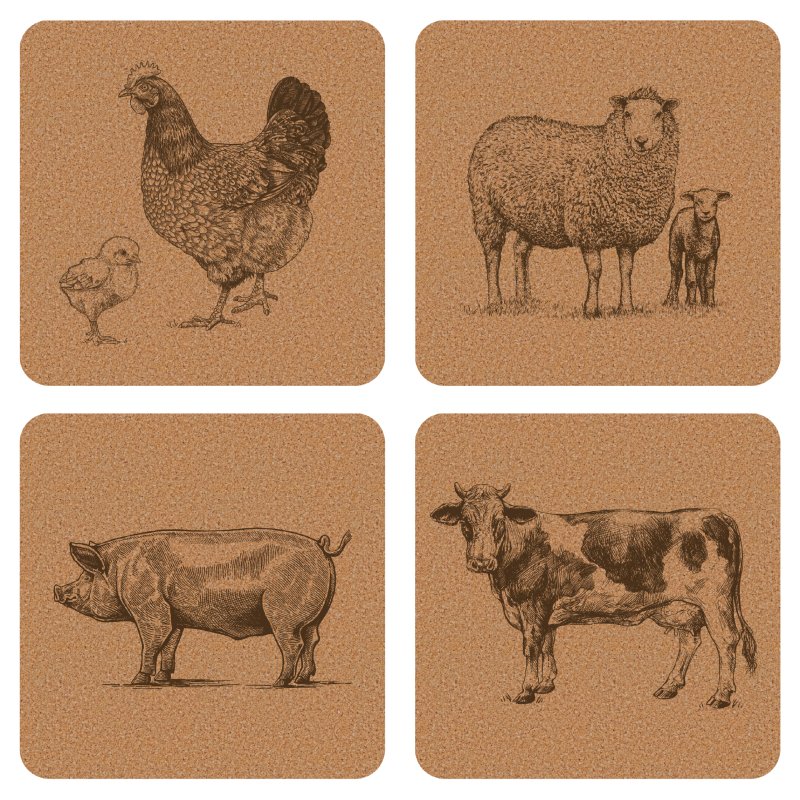 Tradestock Farm Animals Printed Cork Placemats Set Of 4