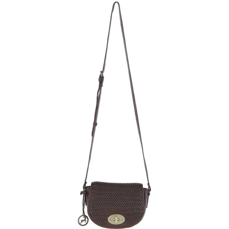 Brown Woven Leather Turn Lock Saddle Bag