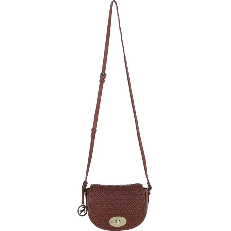 Tan Woven Leather Turn Lock Saddle Bag