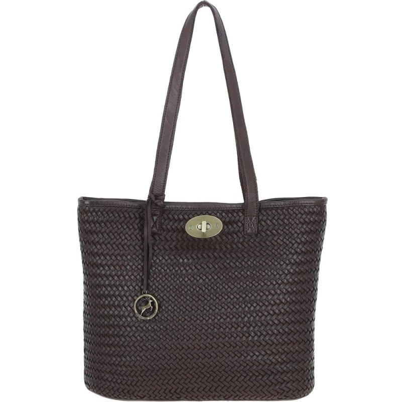 Brown Woven Leather Turn Lock Tote Bag