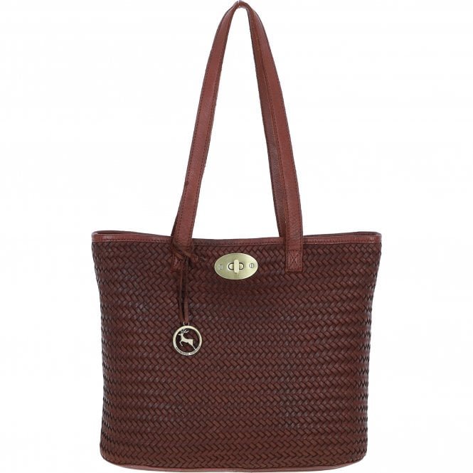 Tan Woven Leather Turn Lock Tote Bag