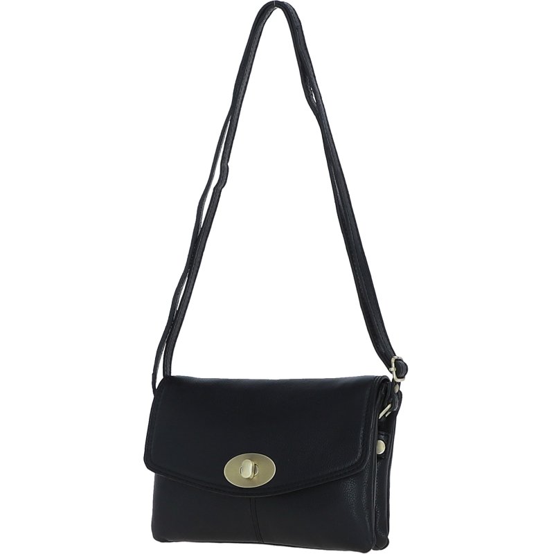 Black Leather Turn Lock Crossbody Bag