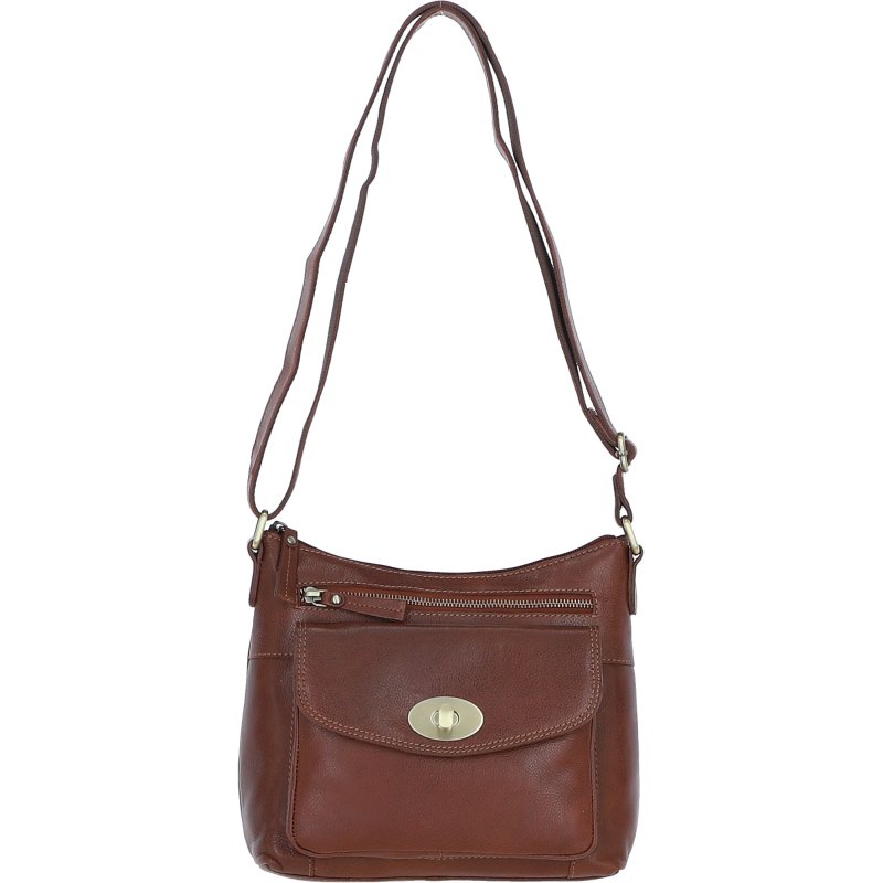 Tan Leather Triple Compartment Crossbody Bag