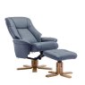 Hawaii Petrol Blue Leather Swivel Chair And Stool Set angled image of the set with backrest reclined on a white background