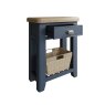 Heritage Editions Blue Telephone Table angled image of the table with open drawer on a white background