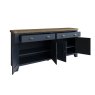 Heritage Editions Blue 4 Door Sideboard angled image of the sideboard with open doors and drawers on a white background