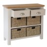 Hastings 2 Drawer 4 Basket Cabinet In Stone angled image of the cabinet with open drawers on a white background