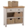 Hastings 2 Drawer 4 Basket Cabinet In Stone angled image of the cabinet with open drawers on a white background