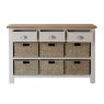 Hastings 3 Drawer 6 Basket Cabinet In Stone front on image of the cabinet with open drawers on a white background