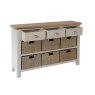 Hastings 3 Drawer 6 Basket Cabinet In Stone angled image of the cabinet with open drawers on a white background